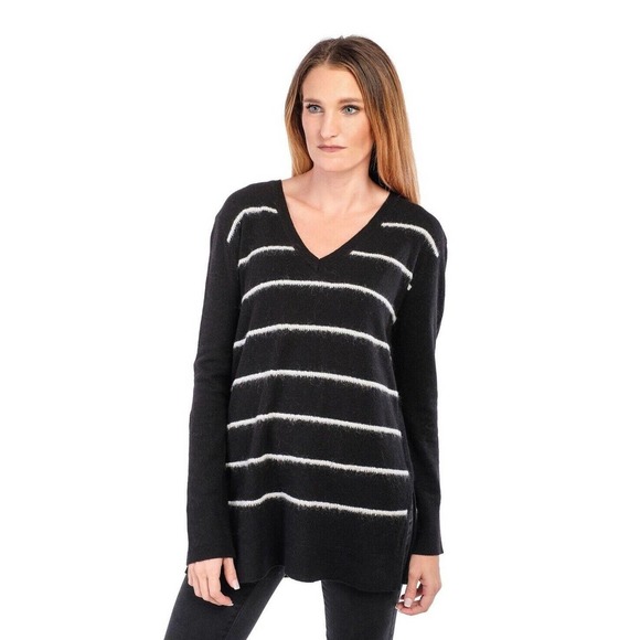 Leo & Sage Size XL Striped Sweater V-Neck Black & White Pullover Long Sleeve - Picture 2 of 5